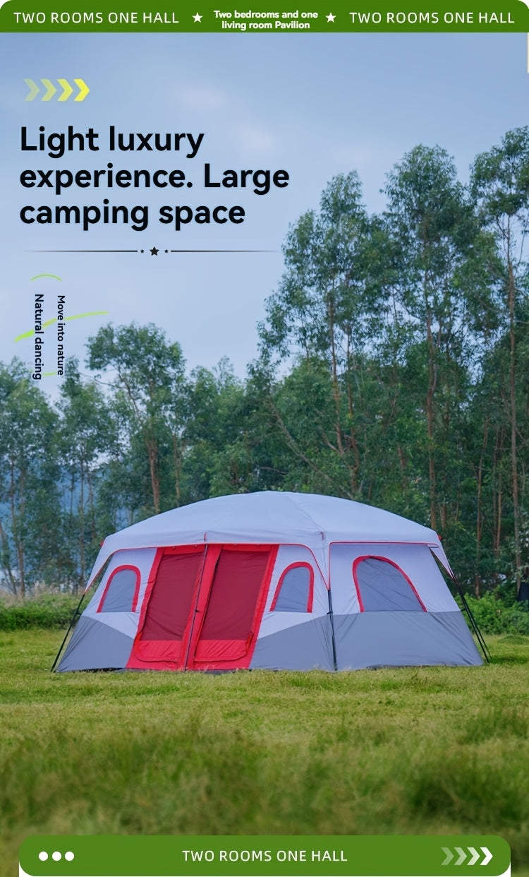 10-Person Outdoor Camping Tent with Vestibule, Solid Color, Square Shape, All-Season, Waterproof Oxford Cloth, Iron Bracket, Zipper Closure, Dual Rooms, Sun Protection for Family Parties, Climbing, Shed