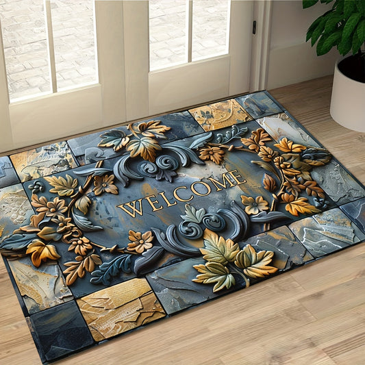 Luxurious 3D Stone & Botanical Embossed Welcome Mat - Non-Slip, Waterproof, Machine Washable Polyester Rug for Home & Outdoor Decor - Ideal for Entryway, Living Room, Bathroom