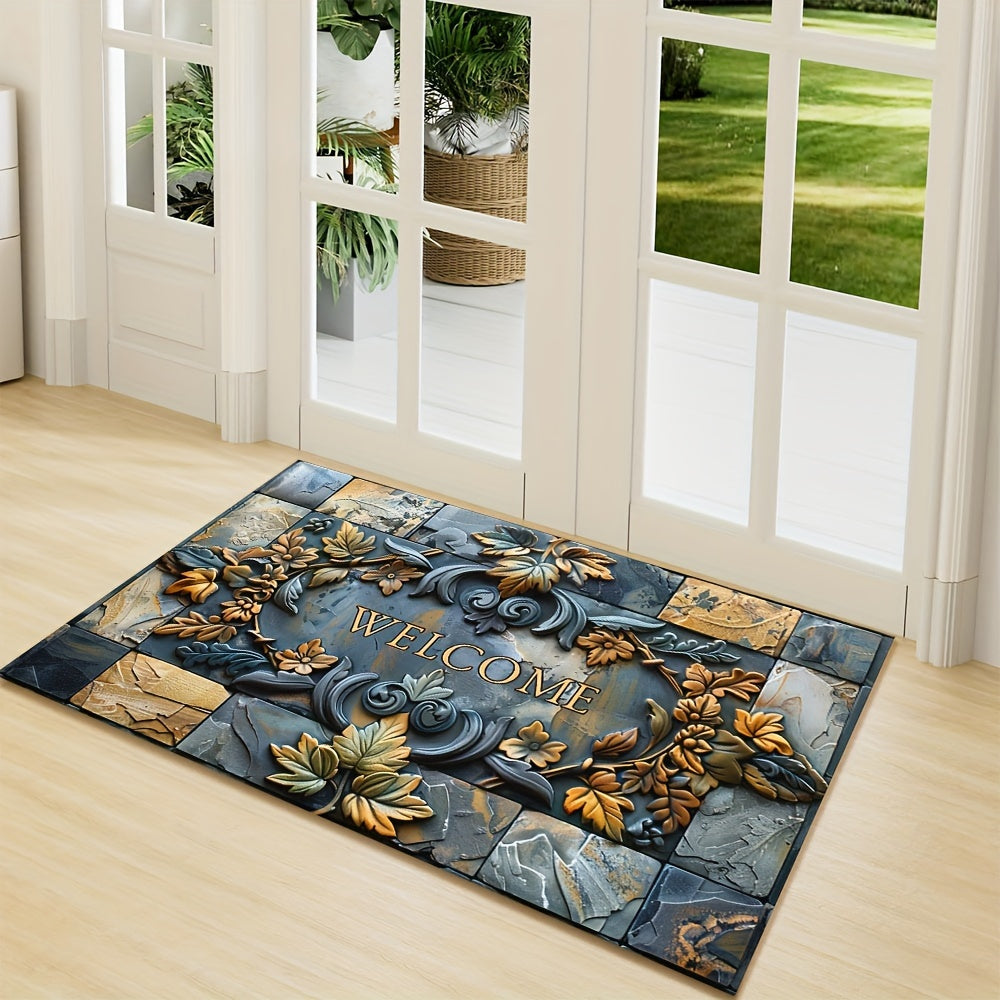 Luxurious 3D Stone & Botanical Embossed Welcome Mat - Non-Slip, Waterproof, Machine Washable Polyester Rug for Home & Outdoor Decor - Ideal for Entryway, Living Room, Bathroom