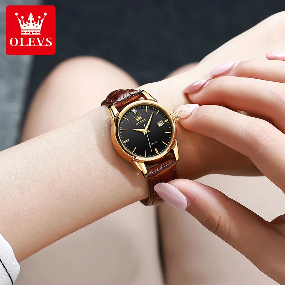 Olevs Top-Marke Luxus Damen kleid Uhren automatische mechanische Leder Armbanduhr Damenmode wasserdichte klassische Uhr