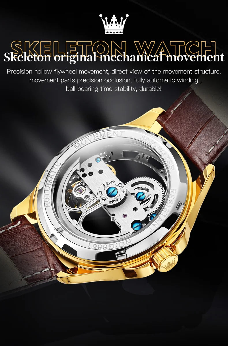 OLEVS Herrenuhren Automatische mechanische Uhren Wasserdichtes Lederarmband Top Luxus Herren Armbanduhr Leuchtende Geschenkbox Uhr Herren