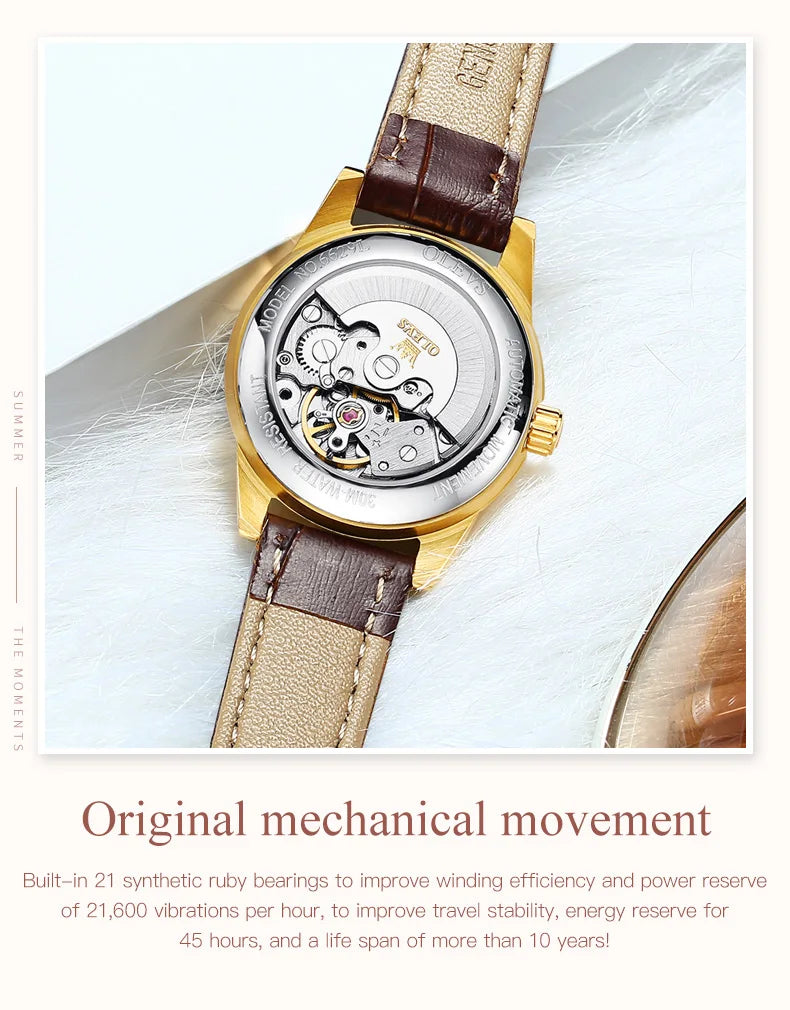 Olevs Top-Marke Luxus Damen kleid Uhren automatische mechanische Leder Armbanduhr Damenmode wasserdichte klassische Uhr