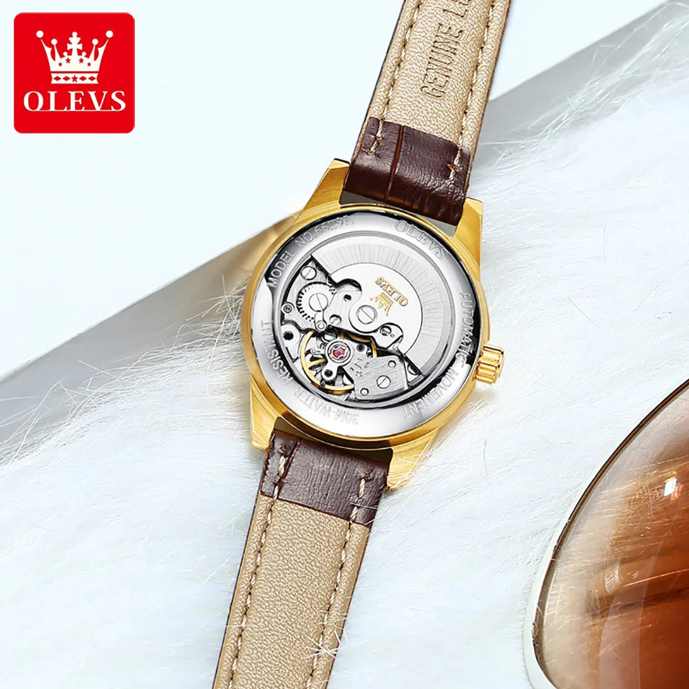 Olevs Top-Marke Luxus Damen kleid Uhren automatische mechanische Leder Armbanduhr Damenmode wasserdichte klassische Uhr