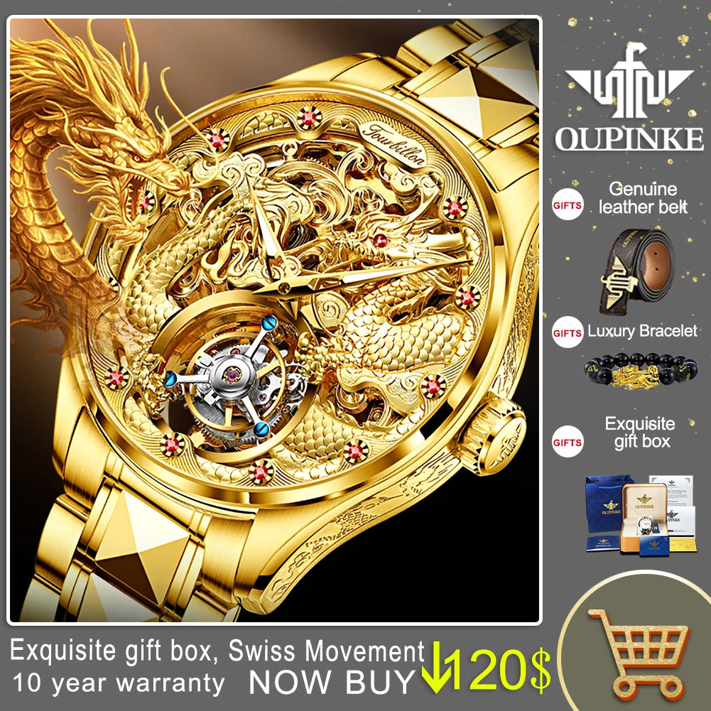 OUPINKE Top Marke Luxus Männer Mechanische Automatische Uhren Automatische Bewegung Wasserdicht Saphir Spiegel Tourbillon Skeleton