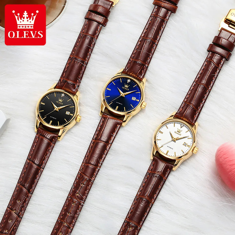 Olevs Top-Marke Luxus Damen kleid Uhren automatische mechanische Leder Armbanduhr Damenmode wasserdichte klassische Uhr