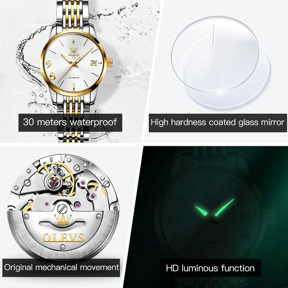 OLEVS Automatische Uhr für Frauen Wasserdichte Edelstahl Mechanische Uhren Luxus Kleid Selbst Wind Armbanduhr Relogio feminino