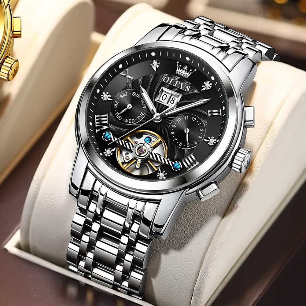 OLEVS Top Marke Männer Uhren Automatische Mechanische Uhr 50M Wasserdichte Edelstahl Skeleton Design Uhren Reloj de hombre