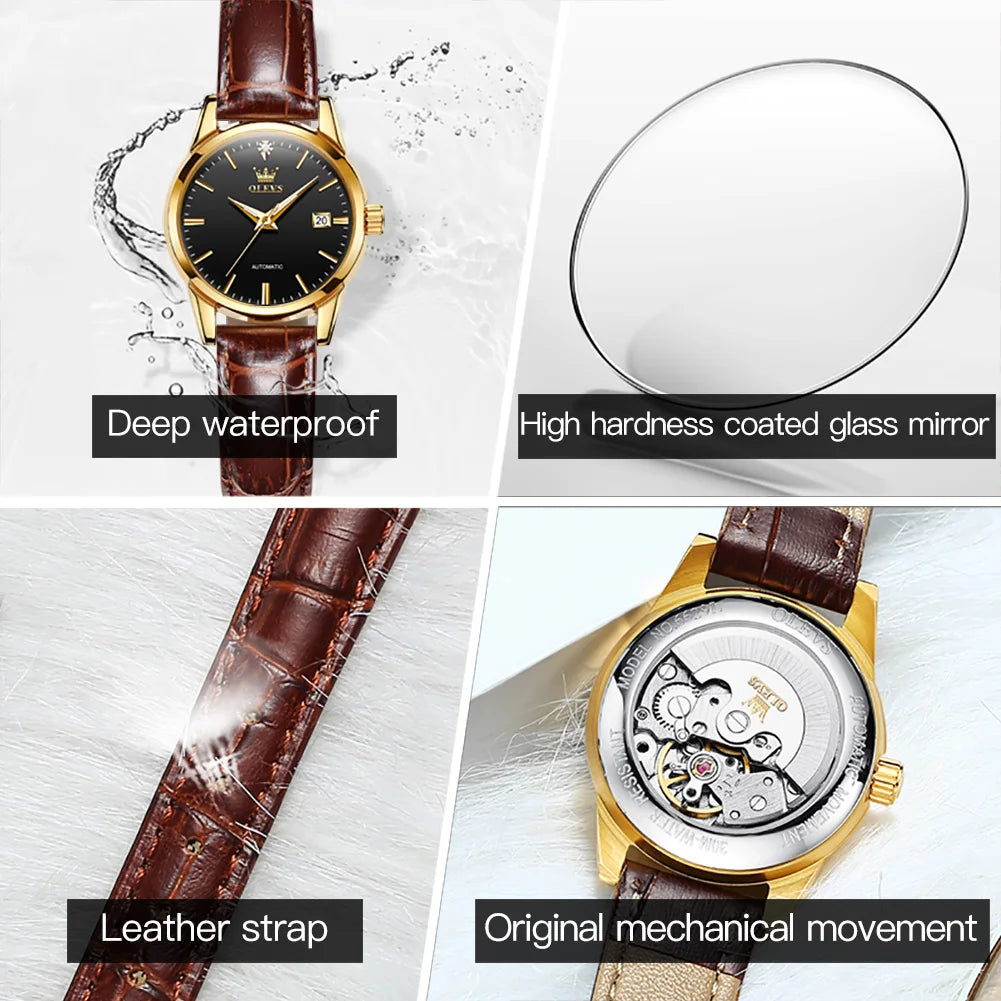 Olevs Top-Marke Luxus Damen kleid Uhren automatische mechanische Leder Armbanduhr Damenmode wasserdichte klassische Uhr