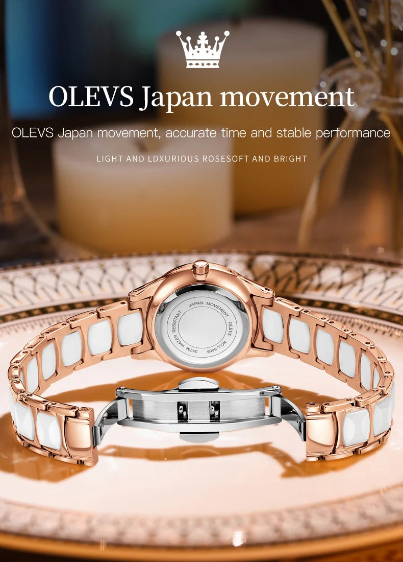 OLEVS Luxus Frauen Uhr Kamelie Quarz Japan Bewegung 30M Wasserdichte Uhr Für Frauen Keramik Frauen Armbanduhr