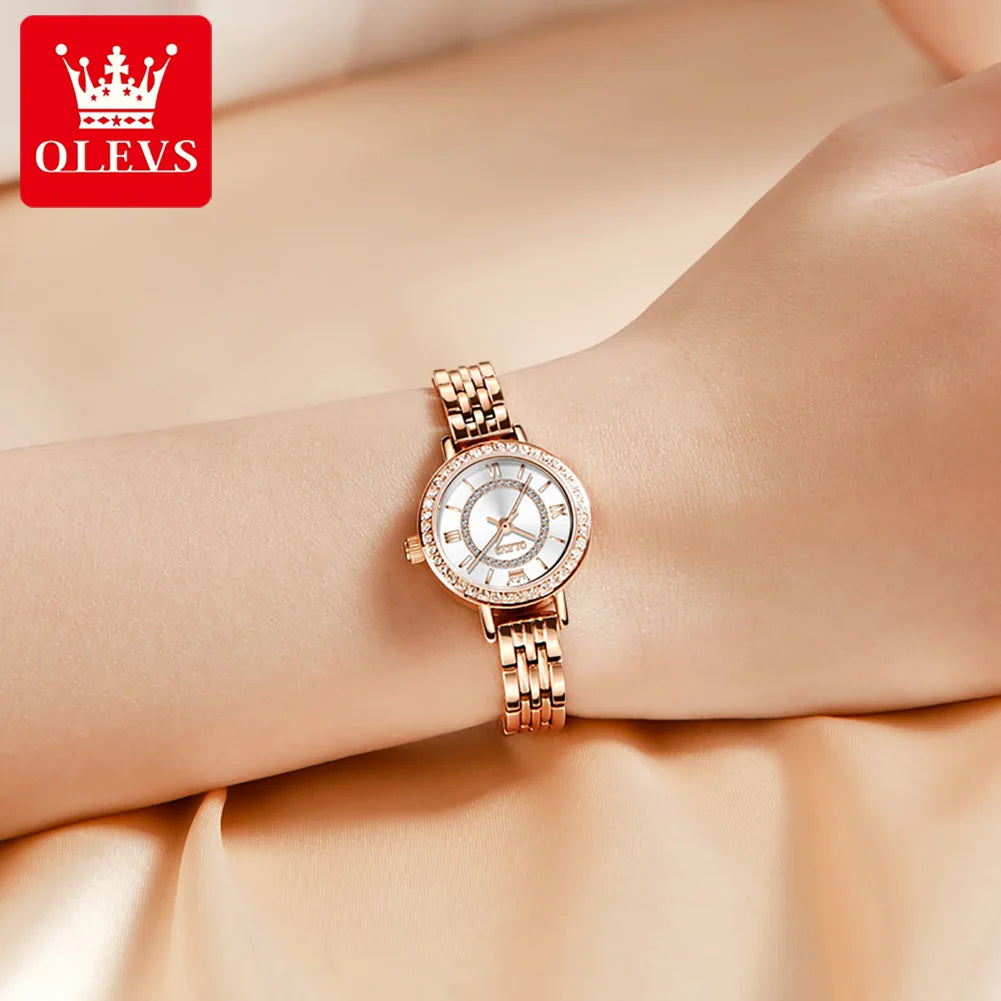 OLEVS Luxus frauen Armbanduhr Wasserdichte Edelstahl Diamant-set Dial Elegante Damen Quarzuhr Armband Halskette Set