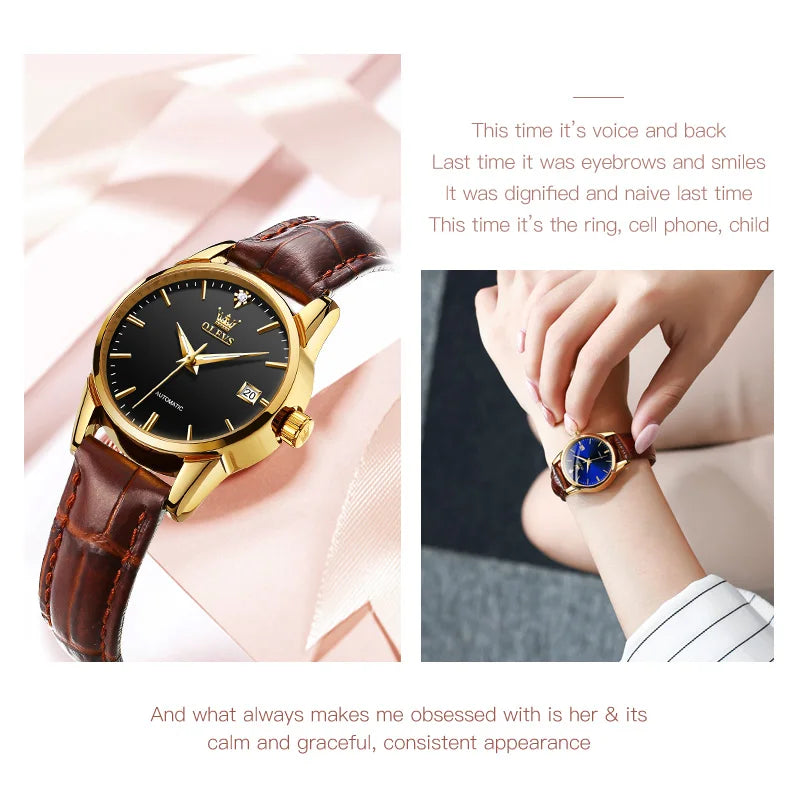 Olevs Top-Marke Luxus Damen kleid Uhren automatische mechanische Leder Armbanduhr Damenmode wasserdichte klassische Uhr