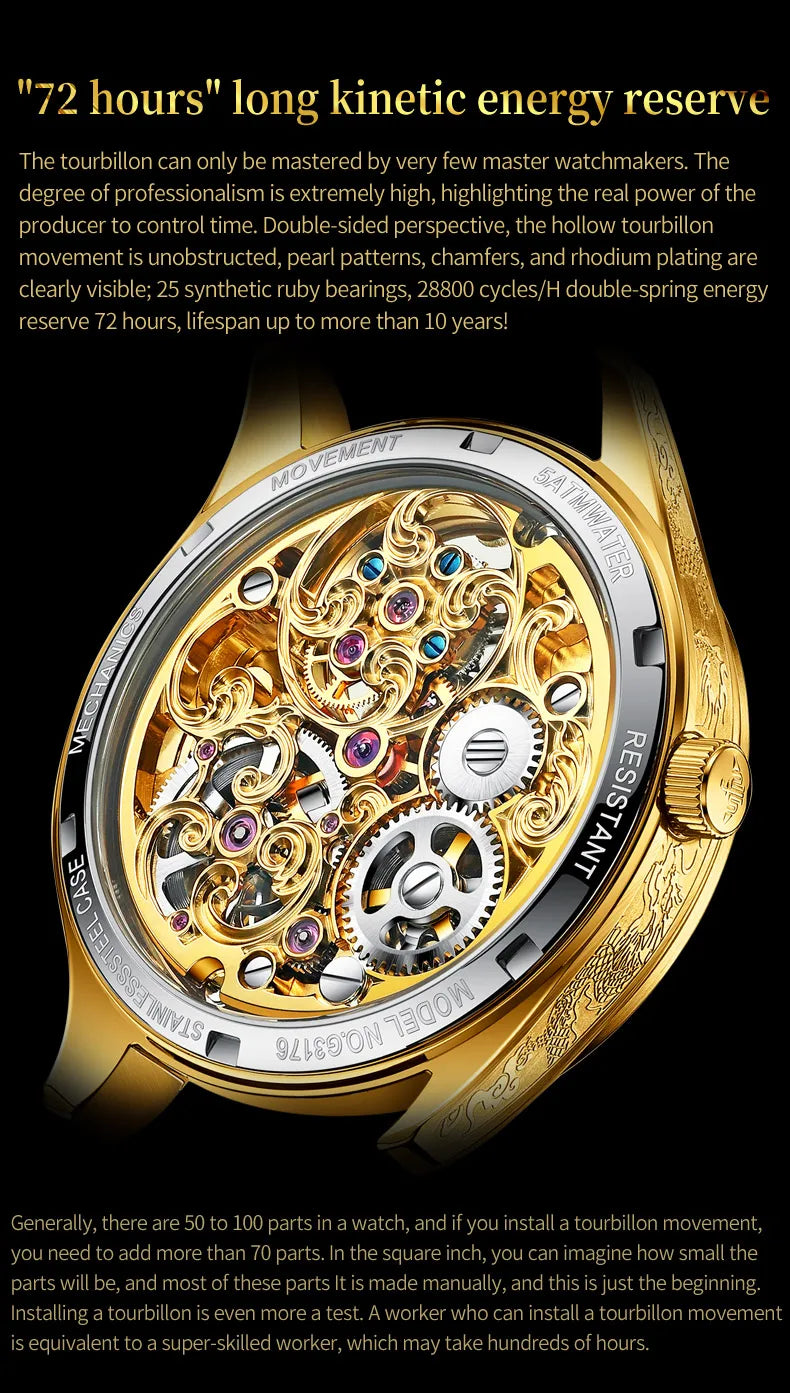 OUPINKE Top Marke Luxus Männer Mechanische Automatische Uhren Automatische Bewegung Wasserdicht Saphir Spiegel Tourbillon Skeleton