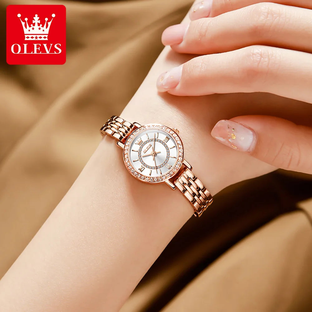 OLEVS Luxus frauen Armbanduhr Wasserdichte Edelstahl Diamant-set Dial Elegante Damen Quarzuhr Armband Halskette Set