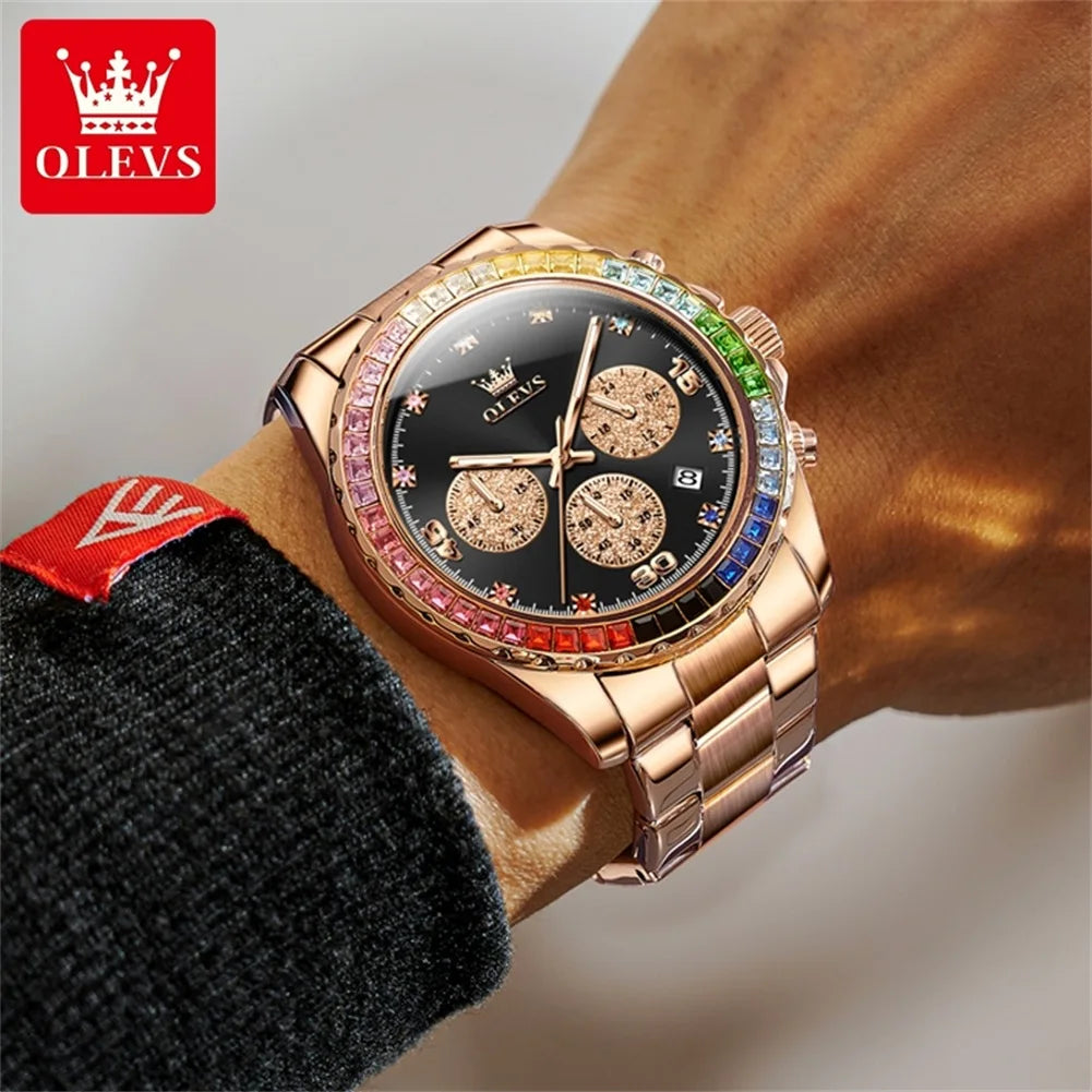 Uhr für Männer olevs Regenbogen Edelstein Lünette Geschäft Luxus Top Marke Quarzuhren wasserdichte Sport uhren reloj hombre