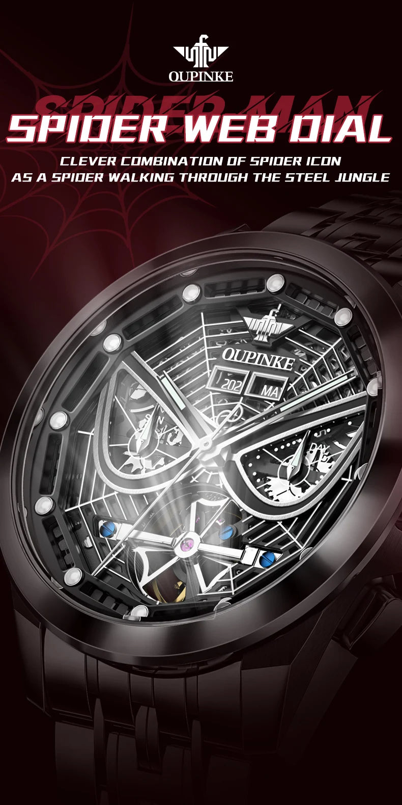 OUPINKE 3250 Skelett-Mechanische Uhren für Herren, modisches cooles Spider-Rüstungsdesign, vollautomatische Herrenuhren, luxuriöse Herrenuhr