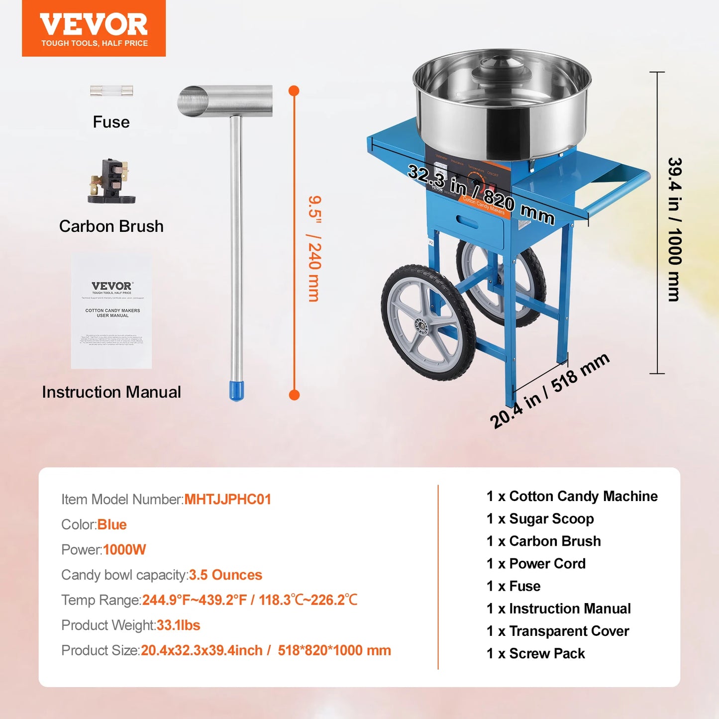 Vevor elektrische Zuckerwatte maschine mit Wagen kommerzieller Zuckerwatte hersteller mit Edelstahls chale Zuckers chaufel und Schublade