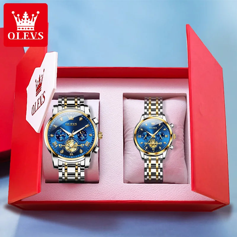 OLEVS Paar Uhren Trend Mode Original Armbanduhr Exquisite Liebhaber Box Seine und Ihn Uhr Wasserdicht Leuchtende Mondphase