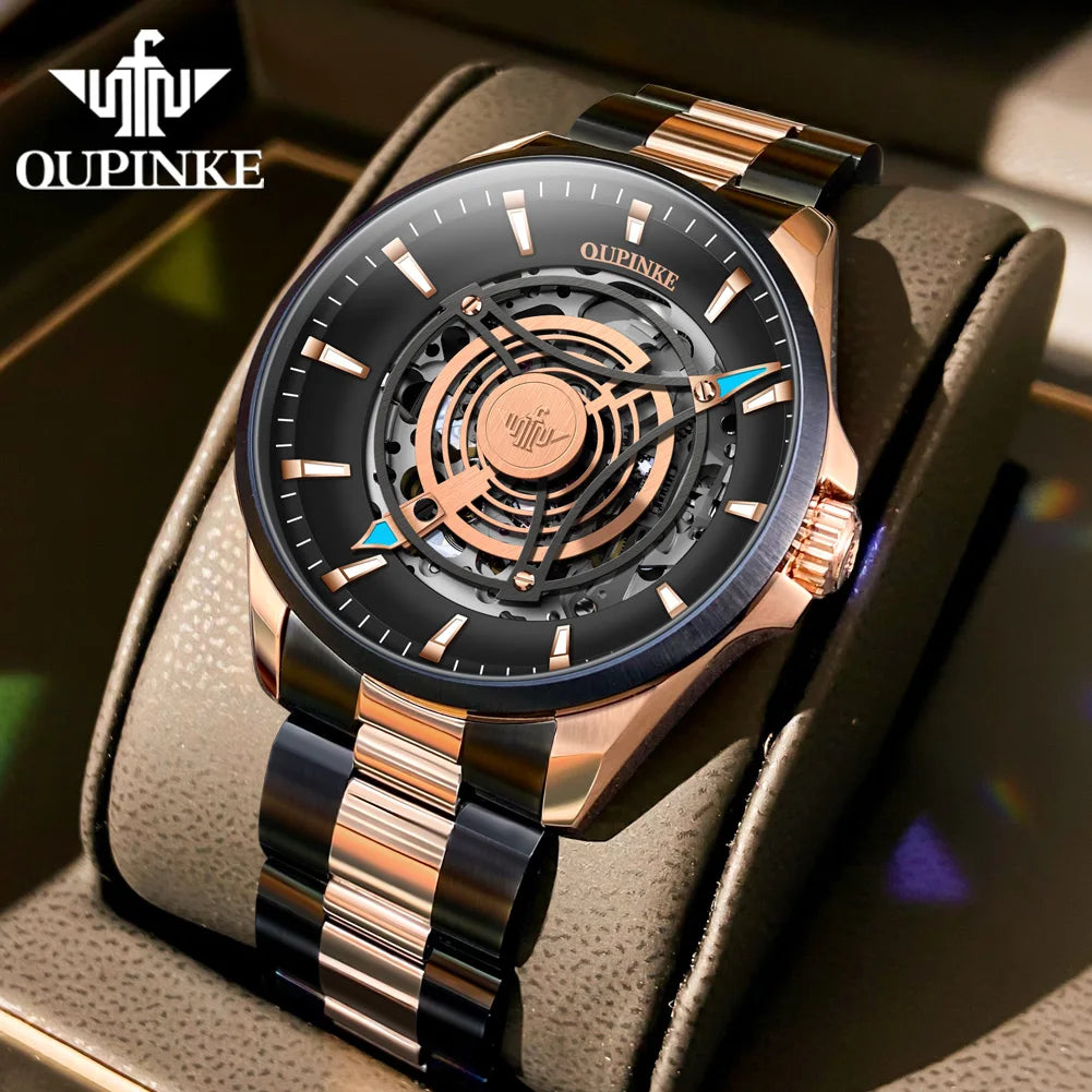 Oupinke 3206 Herren uhr Top Luxus 3D Himmel Auge Skelett Saphir Spiegel Herren automatische mechanische Uhr Marke wasserdichte Uhr