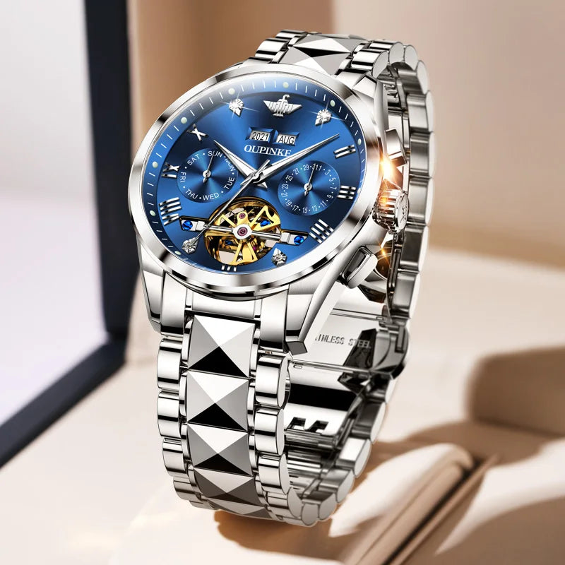 OUPINKE Top Marke männer Uhren Luxus Sapphire Automatische Mechanische Uhr für Mann Wolfram Stahl Tourbillon Wristwath Kalender