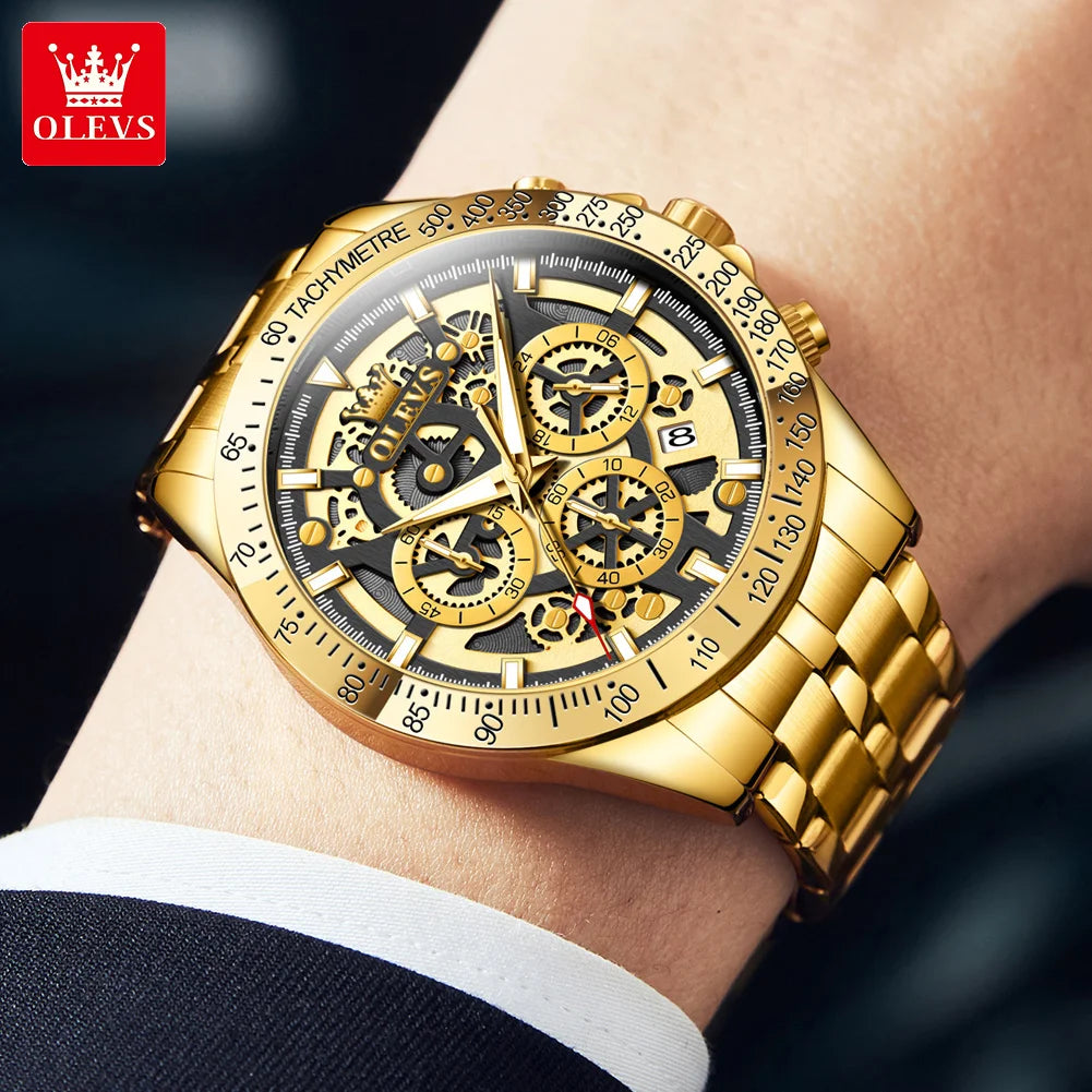 Olevs lxuxry Marke Gold Herren uhren Voll skelett Edelstahl Chronograph Armbanduhr wasserdichte leuchtende Quarzuhr Herren