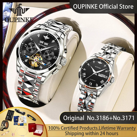 OUPINKE Paar Uhren Top Luxus Original Automatische Mechanische Armbanduhr Wasserdicht Wolfram Stahl Liebhaber Uhr für Männer Frauen