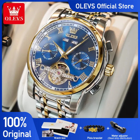 OLEVS herren Uhren Automatische Mechanische Business Armbanduhr Wasserdichte Edelstahl Armband Uhr für Mann Skeleton Kalender