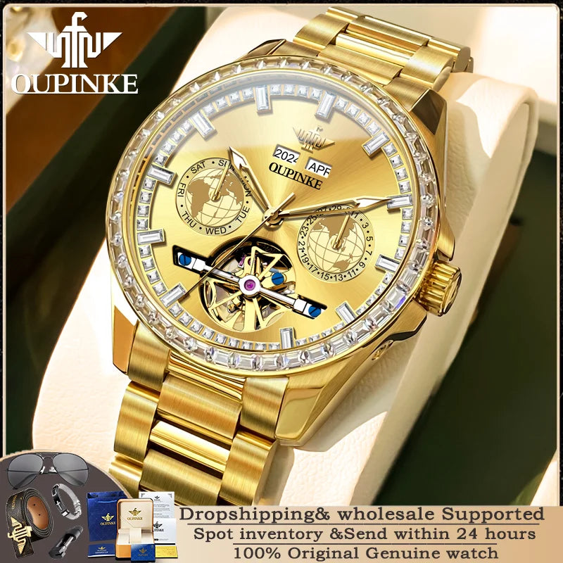 OUPINKE 3280 Männer Uhr Luxus Marke Wasserdicht Skeleton Automatische Uhr Business Kalender Woche Männer Mechanische Uhr Montre Homme