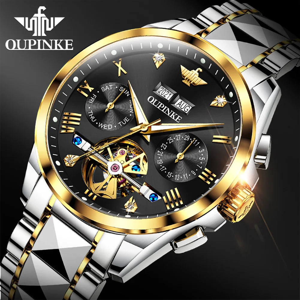 OUPINKE Top Marke männer Uhren Luxus Sapphire Automatische Mechanische Uhr für Mann Wolfram Stahl Tourbillon Wristwath Kalender