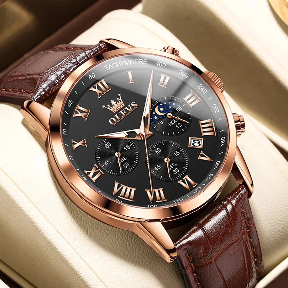 OLEVS herren Uhren Braun Leder Klassische Analog Quarz Uhr für Mann 3ATM Wasserdichte Armbanduhr Multifunktions Chronograph