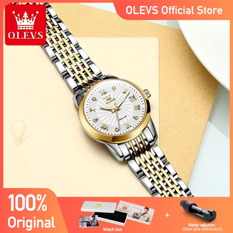 Olevs Luxusmarke Damen automatische mechanische Armbanduhr wasserdichte Edelstahl einfache Uhr für Frauen Geschenk für Mädchen