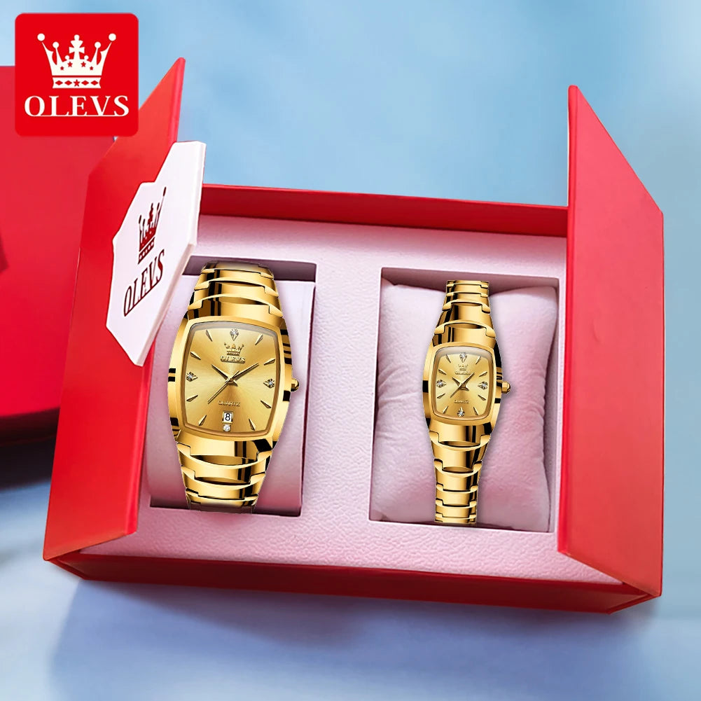 OLEVS Paar Uhren Luxus Gold Original Armbanduhr Wasserdicht Wolfram Stahl Datum Sie und Ihn Uhr Set Jahrestag Geschenk