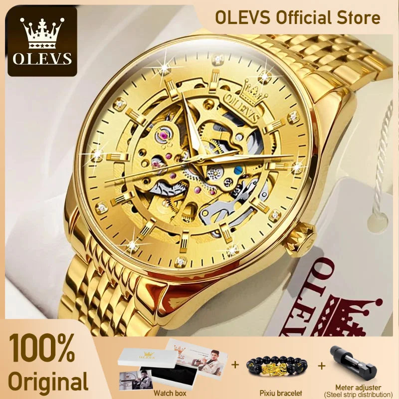 OLEVS herren Uhren Luxus Gold Skeleton Automatische Mechanische Armbanduhr für Mann Wasserdichte Edelstahl Luminous Business