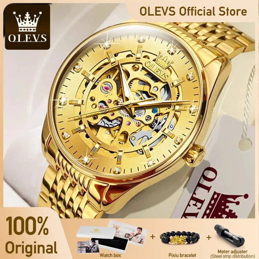 OLEVS herren Uhren Luxus Gold Skeleton Automatische Mechanische Armbanduhr für Mann Wasserdichte Edelstahl Luminous Business