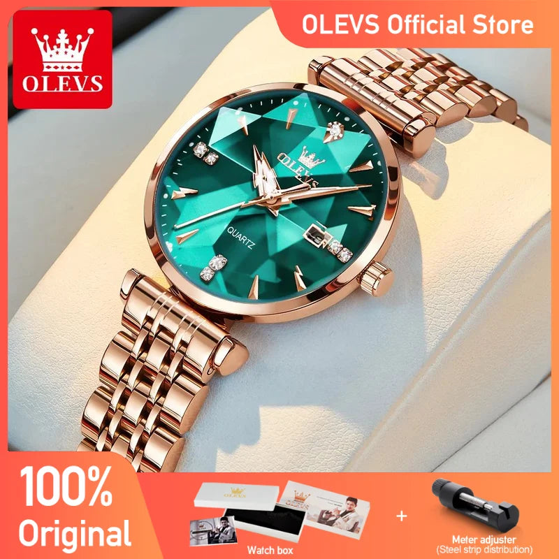 Olevs Damen uhren Mode elegante rhombische Form Spiegel Original Quarz Roségold Satin less Stahl wasserdicht Armband Datum