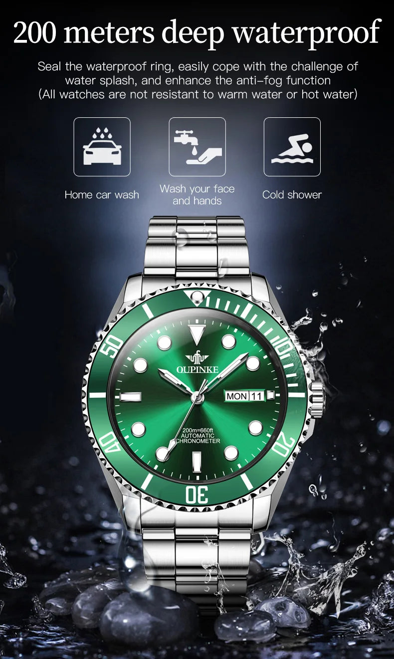 OUPINKE 3205 Diving Series Men Fully Automatic Movement Watch Classic Green Water Ghost Double Calendar Top Men Mechanical Watch