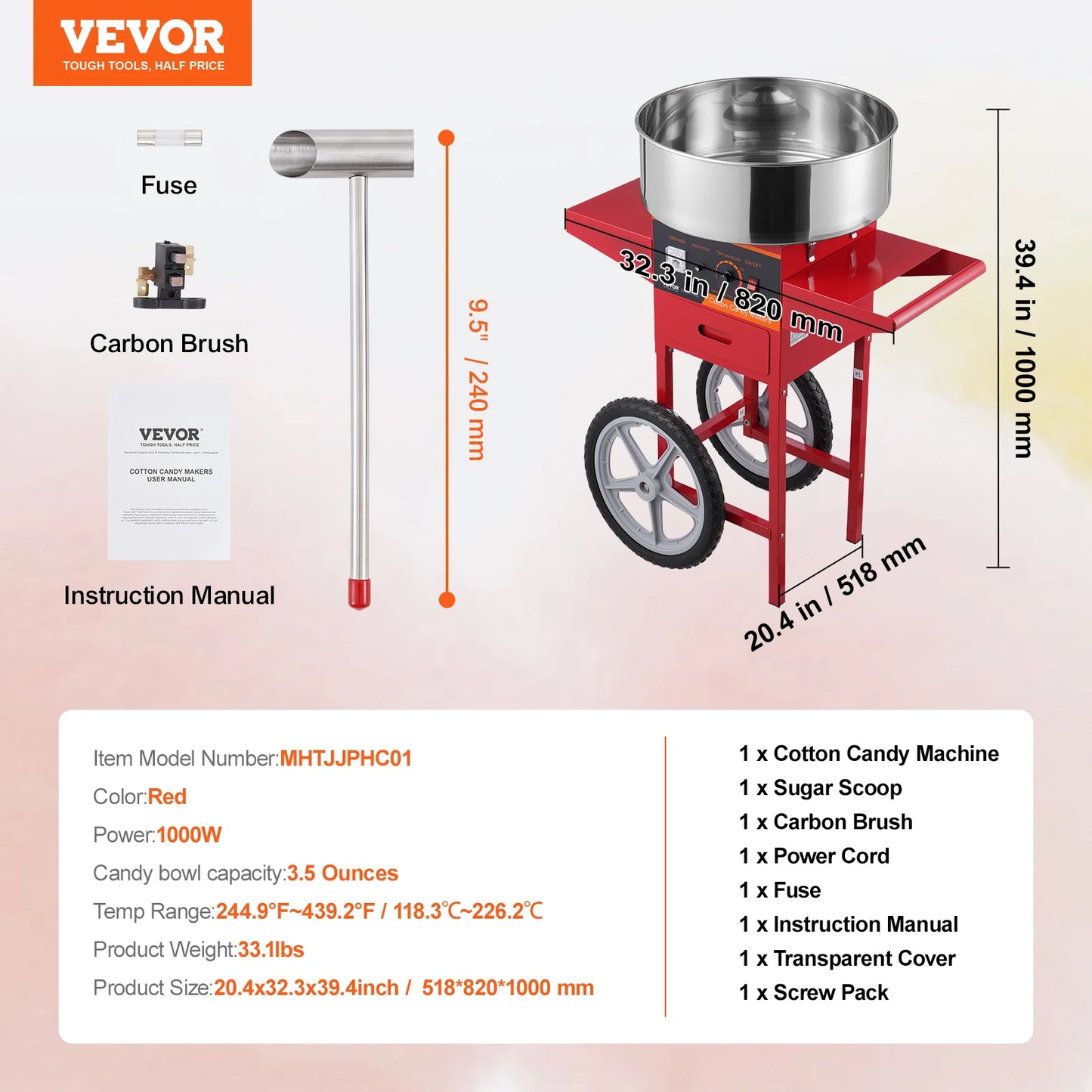 Vevor elektrische Zuckerwatte maschine mit Wagen kommerzieller Zuckerwatte hersteller mit Edelstahls chale Zuckers chaufel und Schublade