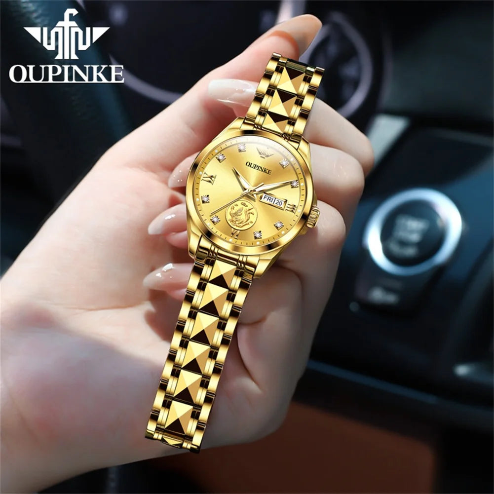 Oupinke 3259 echte Gold automatische mechanische Uhr für Frauen Damen Handuhr Original Luxus Wolfram Stahl armband Uhr Frauen