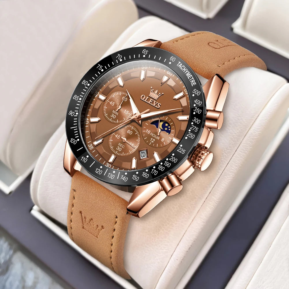 OLEVS herren Uhren Beliebte Mode Original Quarzuhr für Mann Chronograph Wasserdichte Leder Armbanduhr Luminous Mond Phase