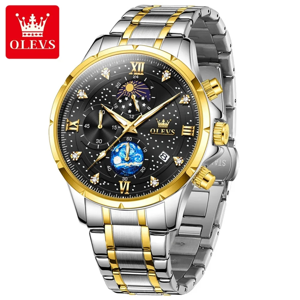 OLEVS Luxury Luminous Starry Sky Dial Men's Watches Moon Phase Waterproof Original Quartz Watch for Male Wristwatch Chronograph