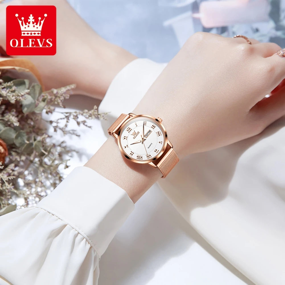 OLEVS Damenuhren, schlicht, modisch, römische Ziffern, originelle Armbanduhr für Damen, Edelstahl-Mesh-Armband, Woche und Datum, leuchtend