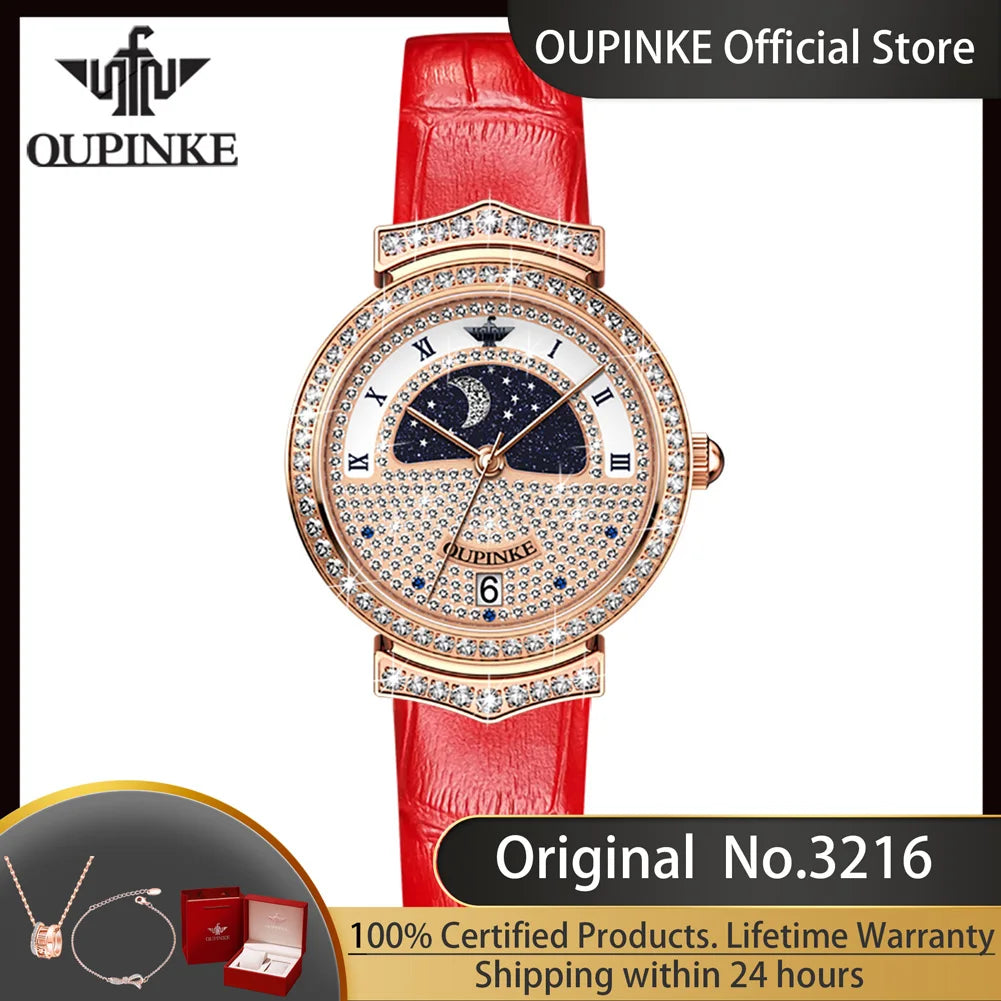 Oupinke 3216 original import schweizer werk quarzuhr für frauen luxus voll diamant sternen himmel mond phase damen armbanduhr