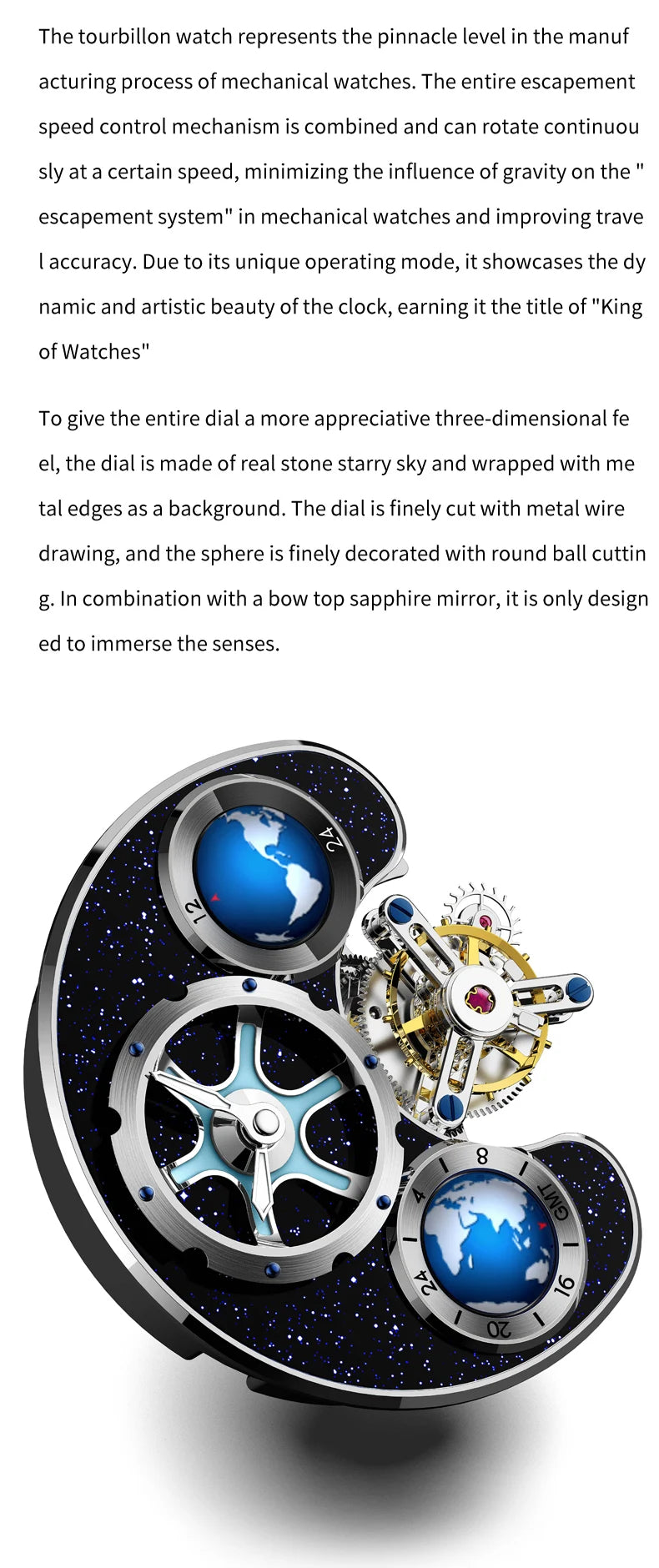 Ideal Knight 6805 Tourbillon Watch for Men 3D Rotating Blue Earth Design 12 Hours Tray Skeleton Waterproof Men's Wristwatches