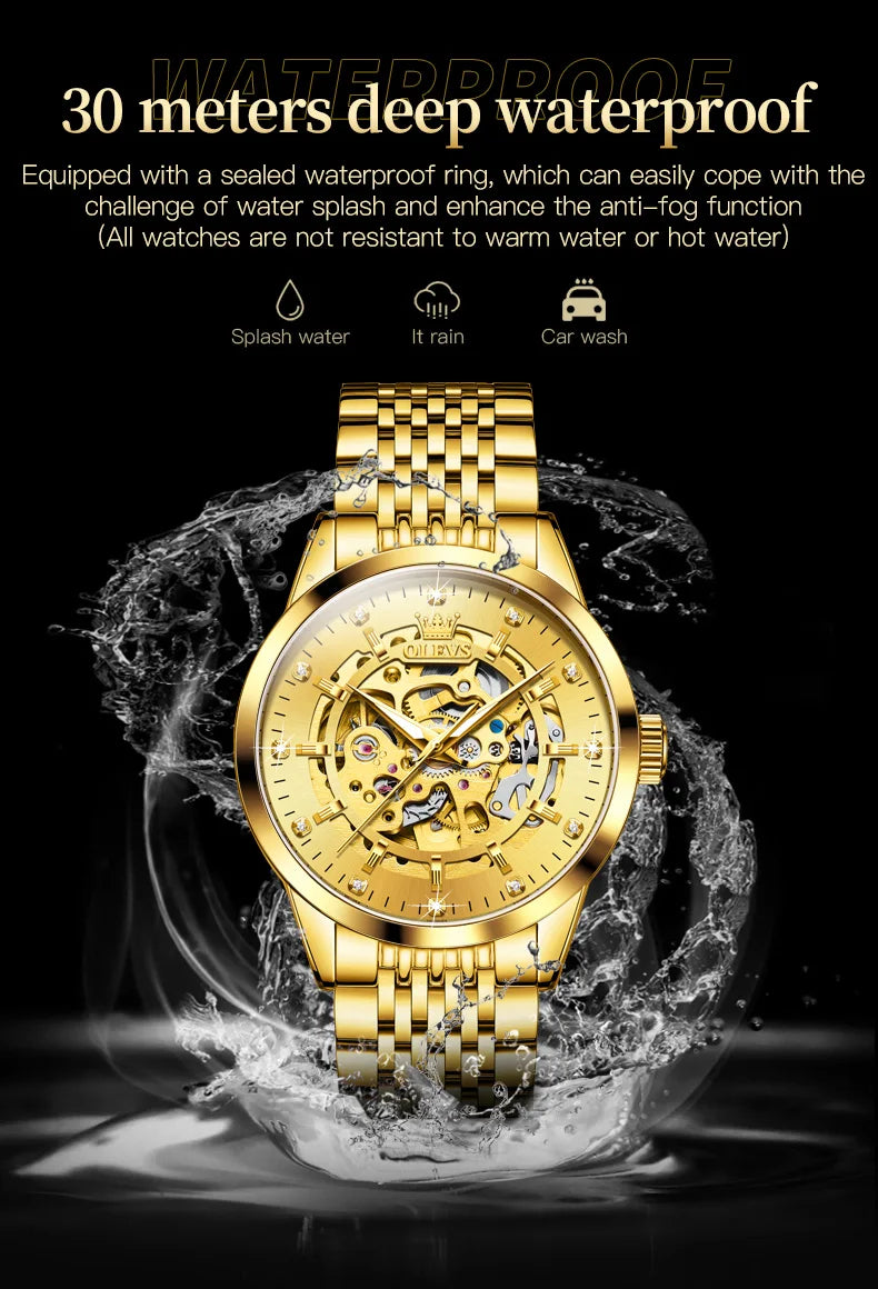 OLEVS herren Uhren Luxus Gold Skeleton Automatische Mechanische Armbanduhr für Mann Wasserdichte Edelstahl Luminous Business