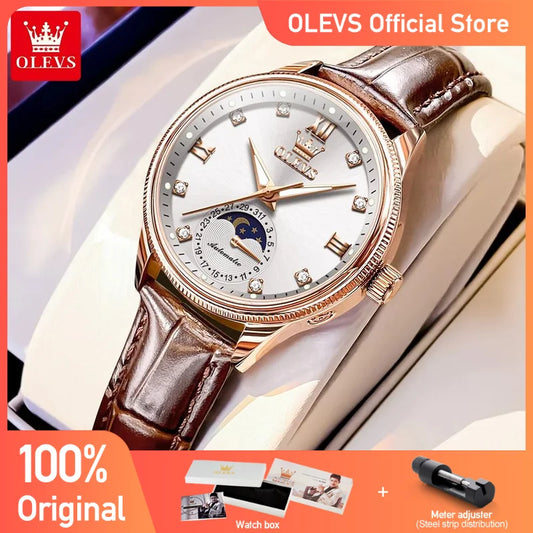 OLEVS 7039 Damenuhr Original automatische mechanische Armbanduhr Lederarmband Reloj Mujer wasserdichte leuchtende Mondphasenuhr