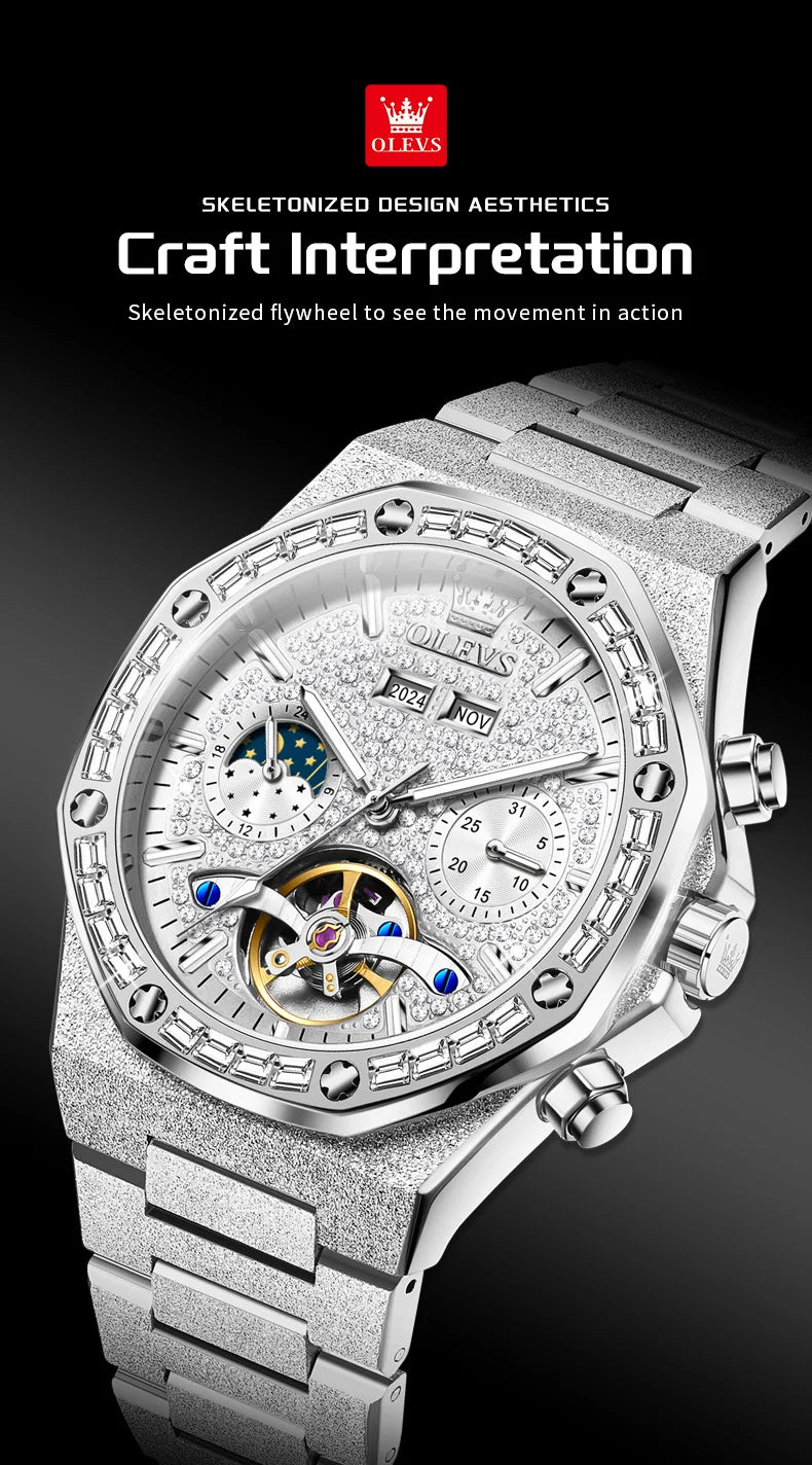 OLEVS 9805 Herrenuhr Originalmarke Tourbillon Automatische mechanische Uhr Diamant Zifferblatt Wasserdicht Mondphase Uhren für Männer