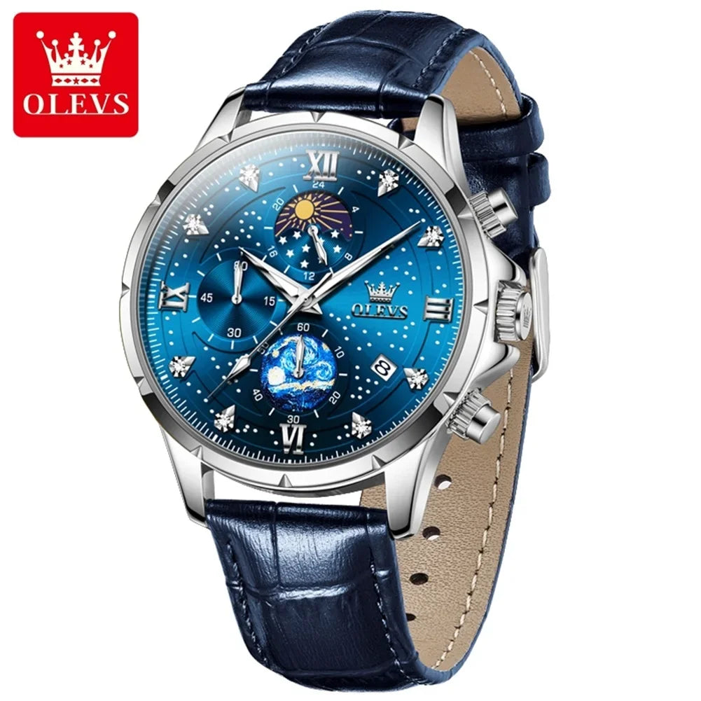 OLEVS Luxury Luminous Starry Sky Dial Men's Watches Moon Phase Waterproof Original Quartz Watch for Male Wristwatch Chronograph