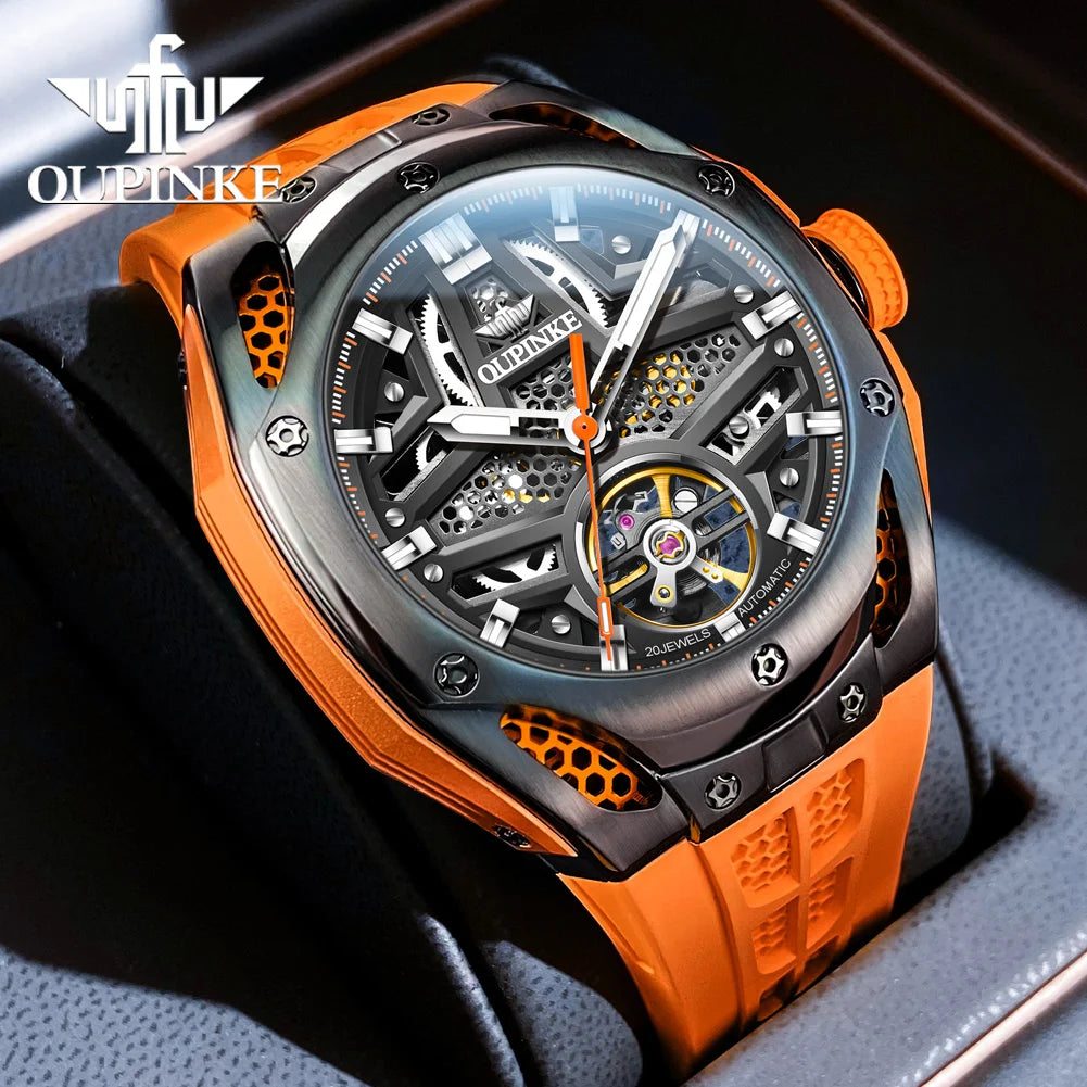 Oupinke 9003 hohle automatische mechanische Uhr für Männer Skelett Schwungrad Sport Herren uhren Silikon armband Original Handuhr