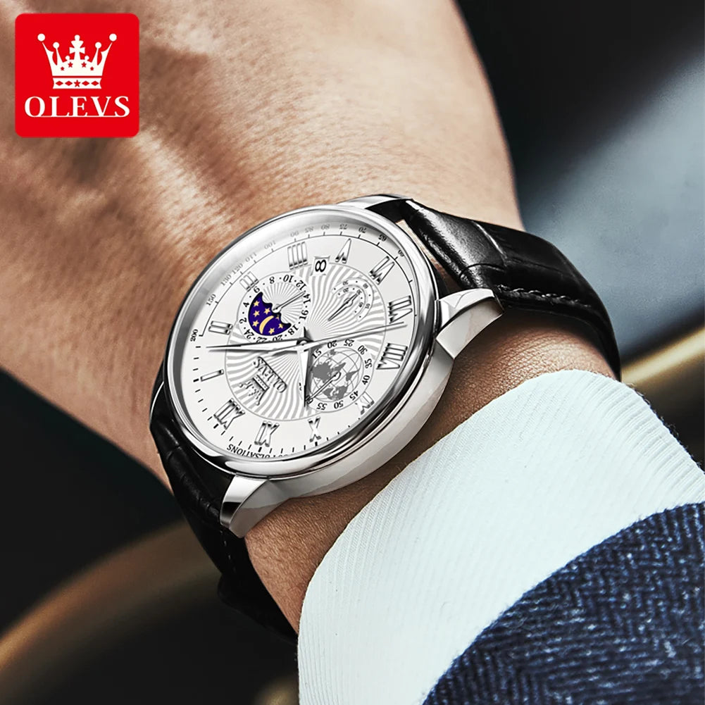 OLEVS Herrenuhren Casual Business Original Quarzuhr für Herren Wasserdicht Leuchtende Armbanduhr Mondphasenkalender Chronograph