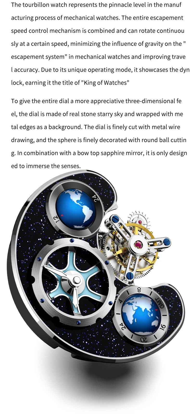 IDEAL KNIGHT 6808 Hollow Tourbillon Watch Luxury Brand Men Watch Fashion Business Waterproof Luminous Blue Earth Design Watch ﻿