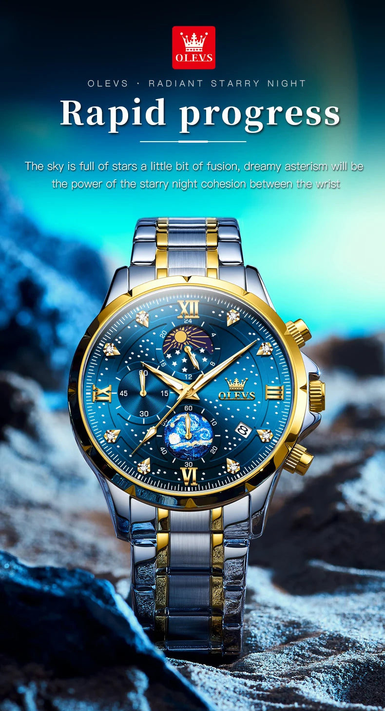 OLEVS Luxury Luminous Starry Sky Dial Men's Watches Moon Phase Waterproof Original Quartz Watch for Male Wristwatch Chronograph